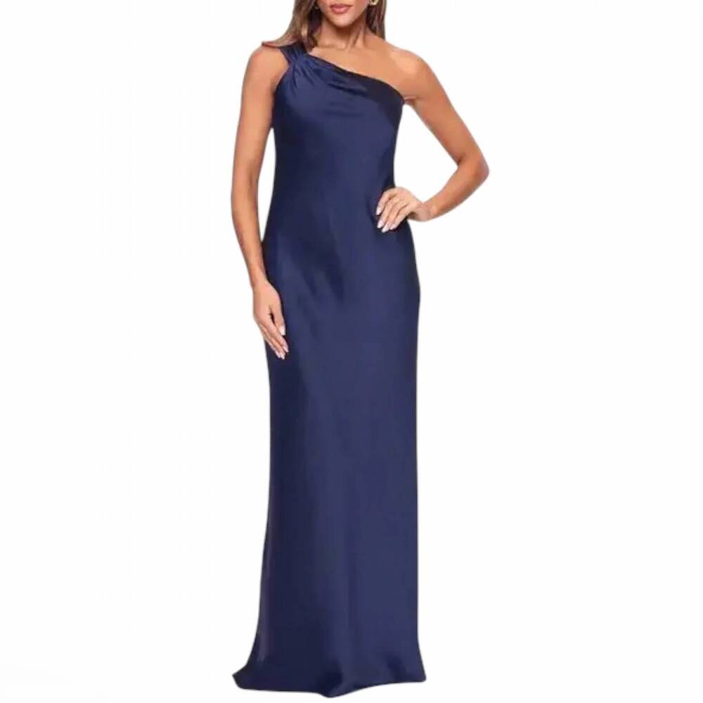 NEW XSCAPE evenings one-shoulder satin gown in navy
